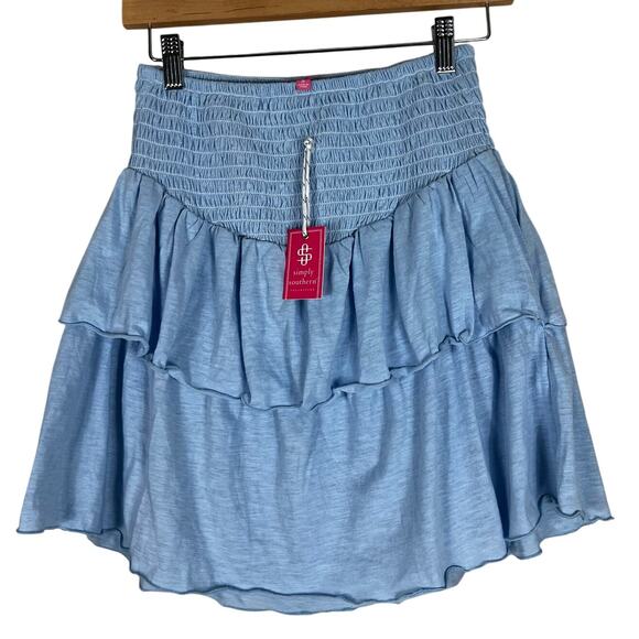 Simply Southern NWT Blue Tiered Layered Smocked Preppy Clean Girl Mini Skirt - Picture 1 of 5